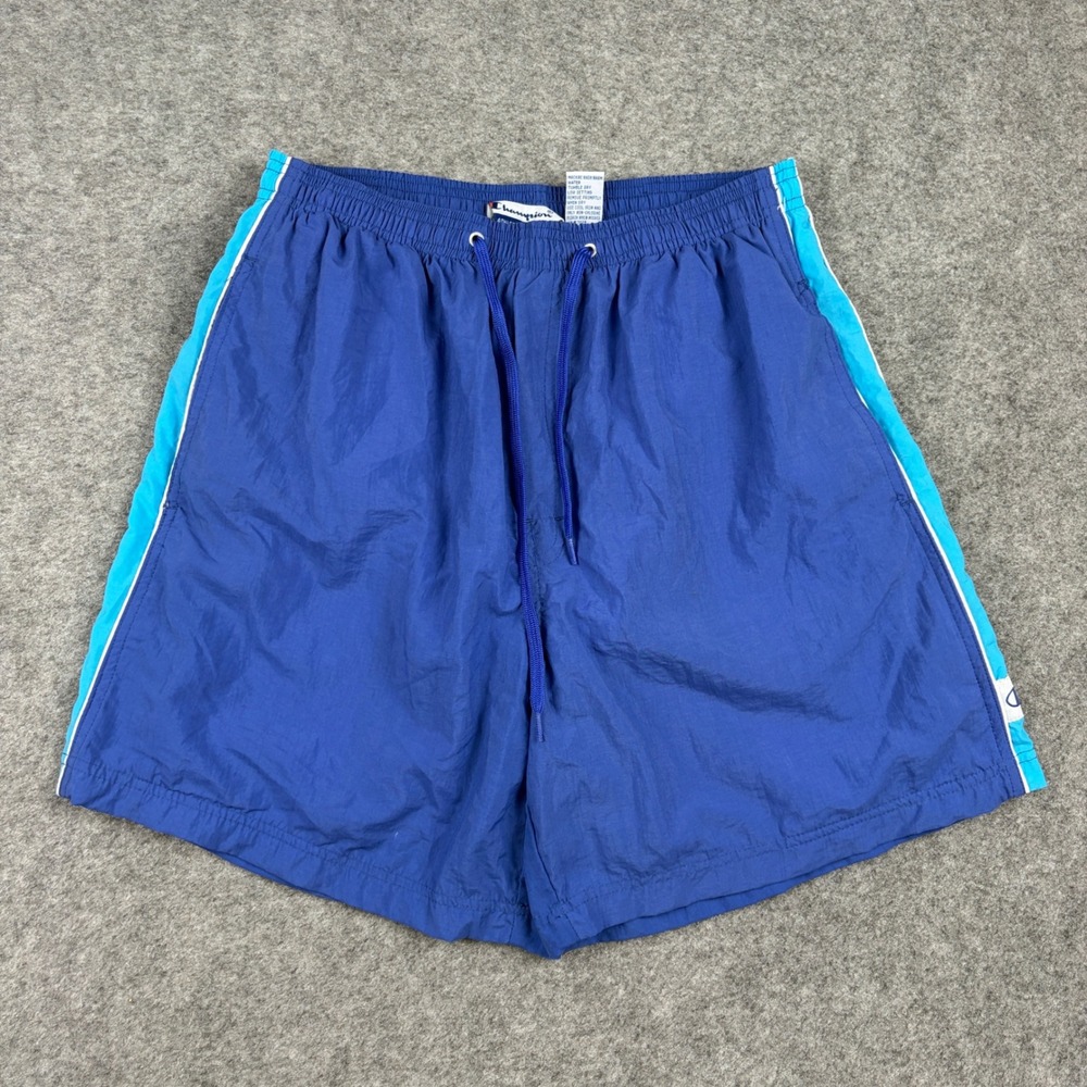Vintage Champion Swim Shorts Mens Medium Blue Nylon Mesh Lined Athletic Board